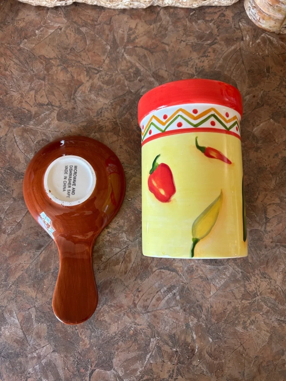 Vintage Clay Art Handpainted Ceramic Chili Pepper Utensil Holder and Spoon Rest